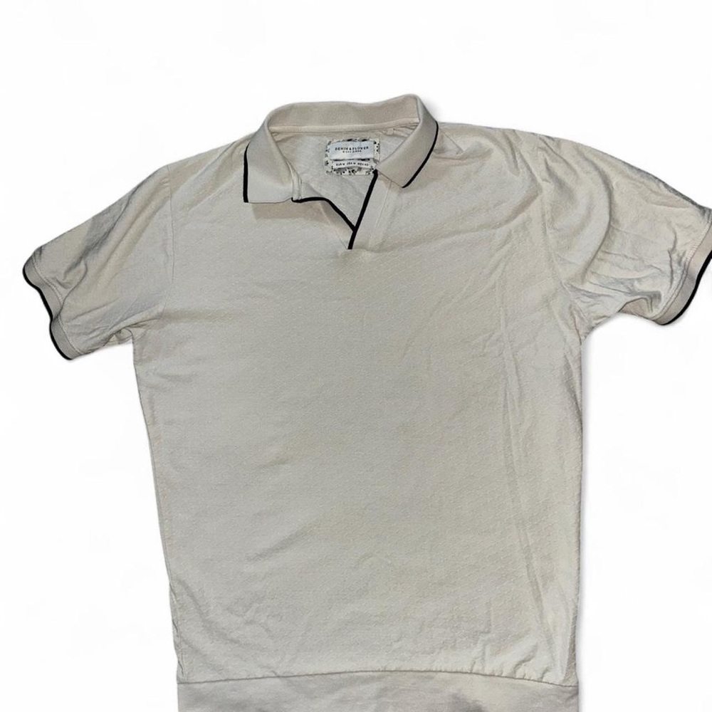 Denim & Flower Cream Polo with Black Trim Mens M Preppy Minimalist Summer